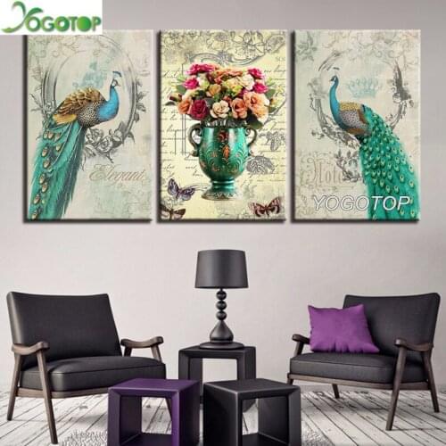3 Piece diy Diamond painting peacock flowers Diamond Embroidery square round drill mosaic picture kitchen decor triptych ML900