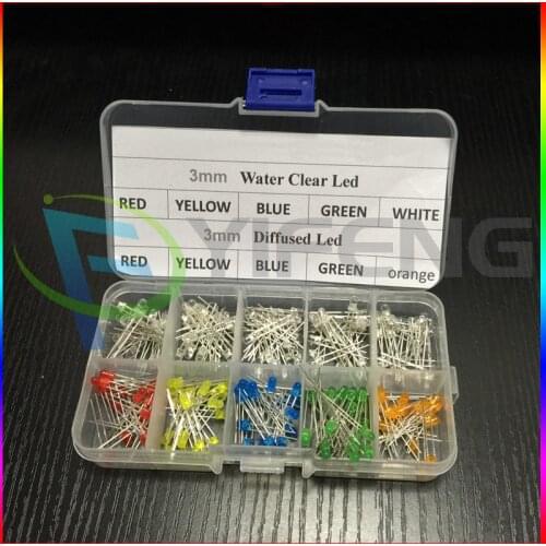 200pcs/Lot 3MM LED Assortment Kit primary color Water Clear Red Blue Green Yellow Orange White DIY 3mm Diode pack Six Colors