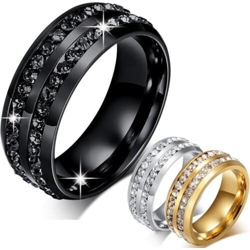 New 20pcs Top Double Rows Full Rhinestone Stainless Steel Rings for Men Women Engagemen Wedding Bands Size #5-13 Couple Ring