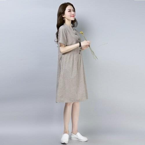 New 2020 High Quality Cotton Linen Dress Vestidos Fashion Round Neck Stripe Loose Dress Pocket Button Dresses Maternity Clothes