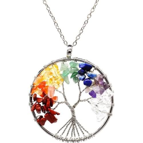 Natural Stone Tree of Life Pendant Necklace 7 Chakra Handmade Color Quartz Crystal Necklace Pendant Wedding Jewelry for Women
