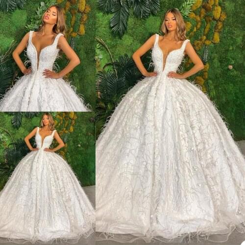 Luxury Lace Beads Wedding Dresses 2021 Lace Appliques Feather Bridal Gowns robe de mariée Plus Size Ball Gown Wedding Dress