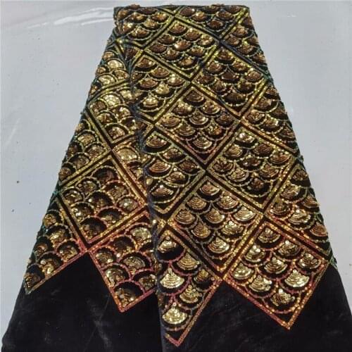African Velvet Lace Fabric Black And Gold Sequins Laces Fabrics For Women Dress Velvet Fabrics 5yards per lot