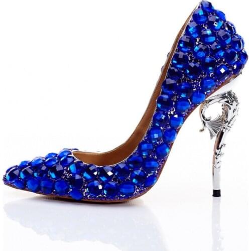 Blue Crystal Fashion Single Shoe Lady Thin Heels Pointed Toe Shallow Handmade Pumps Shoes For Brides High-heeled Princess Shoes
