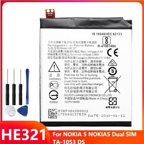 Original Replacement Phone Battery HE321 For NOKIA 5 NOKIA5 Dual SIM TA-1053 DS HE321 Rechargable Batteries 2900mAh With Tools