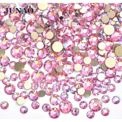 JUNAO 16 Cut Facet SS10 SS16 SS20 Mix Size Rose AB Glitter Round Glass Nail Rhinestone Flatback Glass Stones Nail Art Decoration