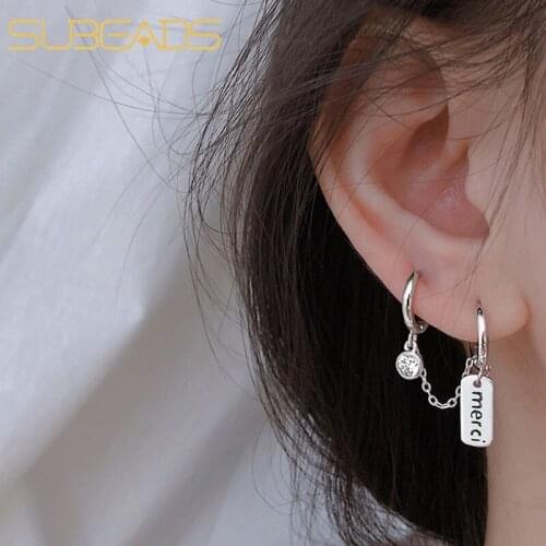 Subeads 1pcs Punk Square Tag Crystal Double Chain Piercing Earrings 925 Sterling Silver Long Drop Tassel Earrings Jewelry Gifts