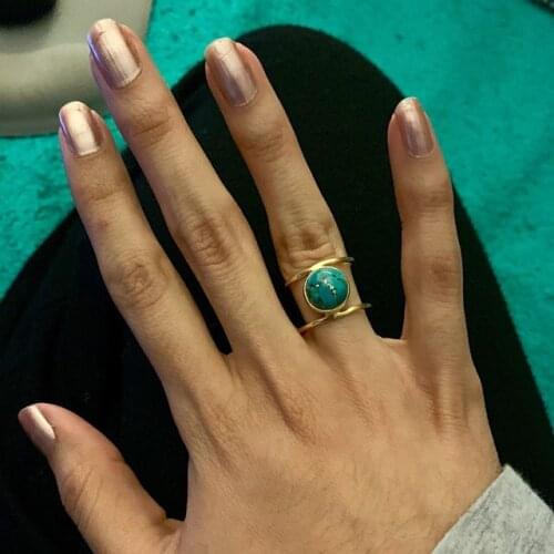 Vintage Green Round Natural stone Rings for woman Gold color Party Finger Jewelry girl Gift Dropshipping