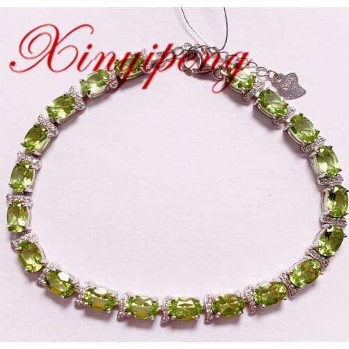 Xin Yipeng Gem Jewelry Real S925 Sterling Silver Plated White Gold Inlaid Natural Peridot Bracelet Fine Birthday Gift for Women