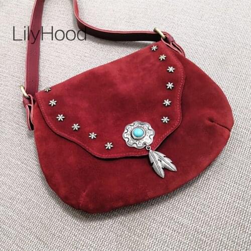 Women Suede Genuine Leather Tribal Flap Handbag Lady Casual Nubuck Real Leather Hippie Gypsy Feather Turquoise Messenger Bag