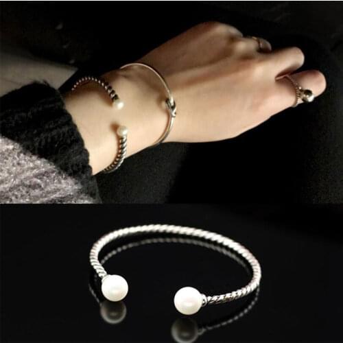 ANENJERY 925 Sterling Silver Simple Pearl Smooth Twist Rope Thai Silver Opening Bracelets & Bangles For Women pulseras S-B79