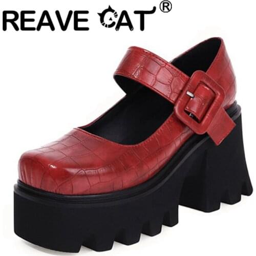 REAVE CAT 2021 Fashion Pumps High Thick Heel Sole 8cm Platforms Belt Buckle Cross Strap Square Toe Punk Size 35-44 Brown A4158