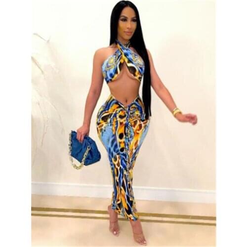 Womens Fashion Halter Wrapped Chest + Long Skirt Two Piece Set cross Sling Hip skirt One-step skirt skirt Bottom skirt