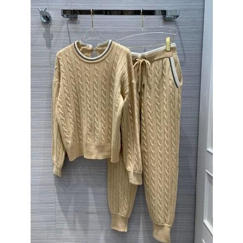 Ladies 2021 fashion new cashmere suit sweater + lace-up trousers 2-piece set 1123