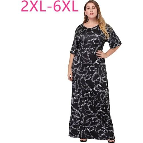 New 2021 summer plus size ankle length dress for women slim casual short sleeve black print O neck long dress 3XL 4XL 5XL 6XL