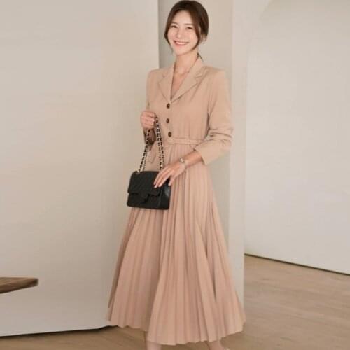 Womens 2021 Spring Elegant Notched Pleated Dress Temperament Office OL Work Slim Waist Midi Dress Vestidos