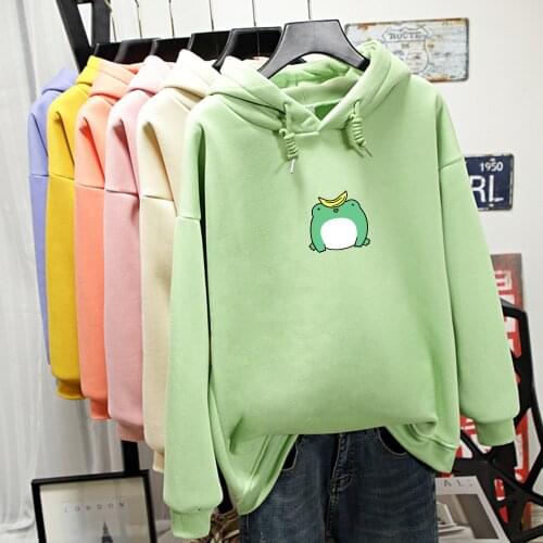 Winter Casual Plus Size Loose Kawaii Frog Printed Hoodies Funny Harajuku Long-sleeved Hip Hop Women Korean Hooded Sweatshirt