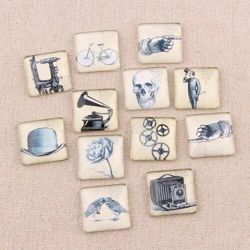 Onwear 20pcs handmade steampunk photo mix glass square cabochon 25mm diy jewelry components