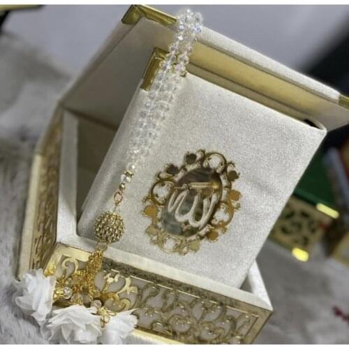 Holy Quran Velvet Lined Crystal Rosary White Color
