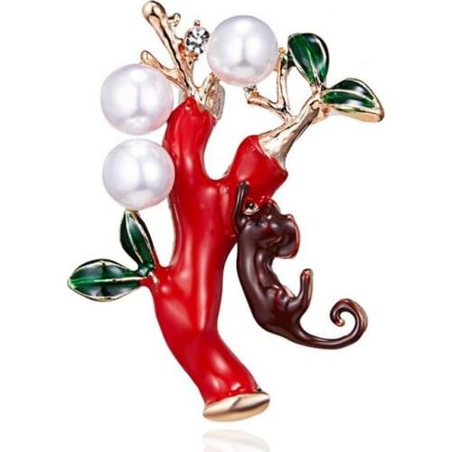 WWLB Brands Fashion Creative Red Enamel Pin Tree Monkey Brooches Men Jewelry Personality Gift Wild Plants Pearl Brooch For Women