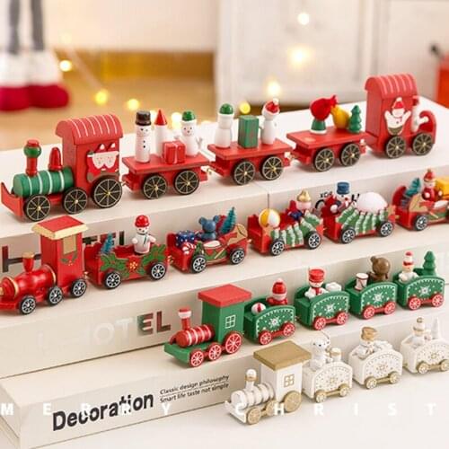 Merry Christmas 4 Knots Wooden Painted Train Happy New Year Xmas Tree Snowman Santa Claus Gifts Home Decoration For Children