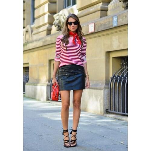 European And American Summer Fashion Womens Round Collar Long Sleeve Red White Stripe T Shirt