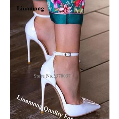 Linamong Classical Style Pointed Toe Stiletto Heel Pumpe White Black Patent Leather Ankle Strap High Heels Formal Dress Heels
