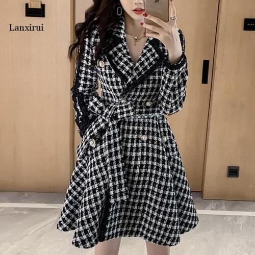 Plaid woolen straight long coat Houndstooth streetwear belt with pocket coat Drop-shoulder sleeve outwear autumn