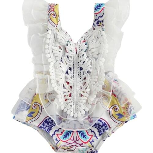 2021 Fashion Summer Lovely Baby Girls Rompers Lace Floral Sleeveless Ruffle Jumpsuits One Piece Clothes