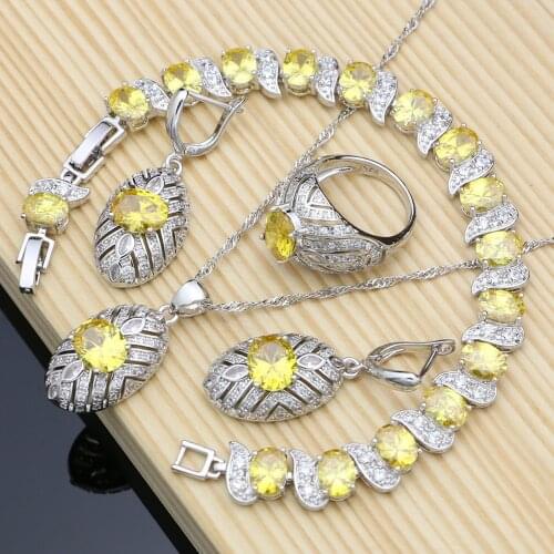 925 Silver Jewelry Sets Yellow Zircon Stones White Crystal For Women Wedding Earrings/Pendant/Rings/Bracelet/Necklace Set Dubai