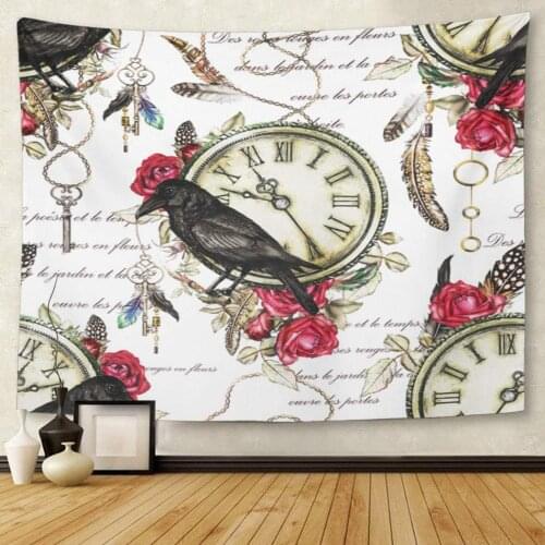 Watercolor Flowers Bird Feathers Black Crow and Red Rose Tapestry Wall Hanging for Living Room Bedroom Dorm 50x60 inches