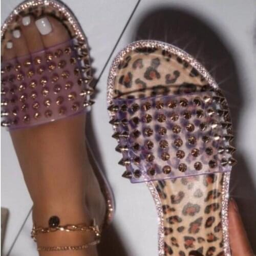 2021 spring/summer womens new leopard print sandals flat-bottomed rhinestone rivet outdoor wild leisure beach ms slippers 4-12