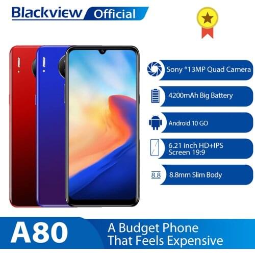 Blackview A80 Quad Rear Camera Android 10.0 Go Mobile Phone 6.21' Waterdrop HD Screen 2GB+16GB Cellphone 4200mAh 4G Smartphone