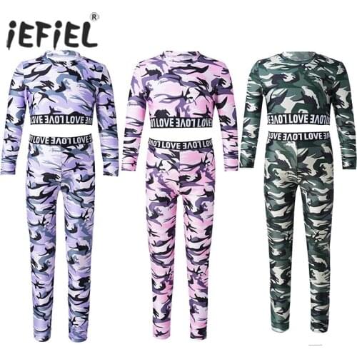 Kids Girls Tracksuit Outfit Long Sleeve Camouflage Printed Sport Tanks Crop Tops with Leggings for Gymnastics Workout Dancewear
