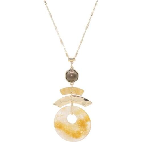 Light Yellow Gold Color Round Hollow Yellow Quartz Crystal Pendant Link Chain Necklace Classic Style Jewelry