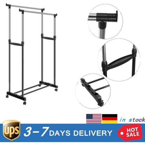Garment Rack Portable Adjustable Double Clothes Garment Drying Hanging Racks Hangers With Castors Shoe Rack Droship New Arrival