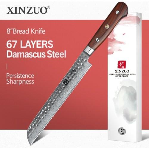 XINZUO 8 inch Bread Kitchen Knife Damascus Stainless Steel Kitchen Knives Brand Bread Cheese Cake Bread Knife Rosewood Handle