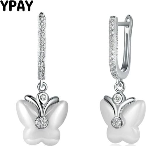 YPAY White Ceramic Butterfly Design Earrings for Women Real 925 Sterling Silver Zircon Dangle Earring Fine Jewelry Gift YME063