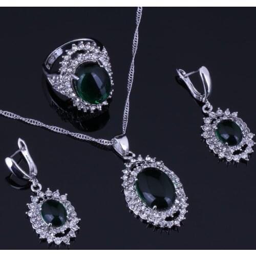 Clean Huge Oval Green Cubic Zirconia White CZ Silver Plated Jewelry Sets Earrings Pendant Chain Ring V0269