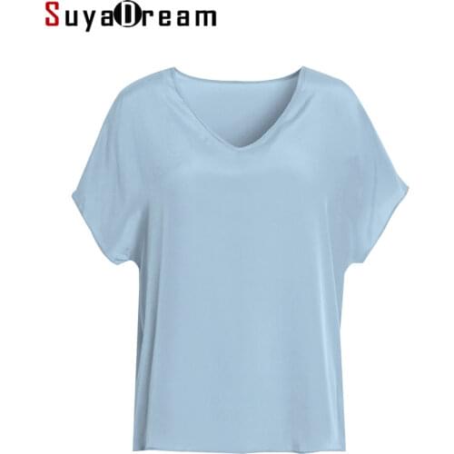 SuyaDream Women T shirt 100%REAL SILK Solid V Neck T Shirt Short Bat Sleeved Casual Shirts 2020 Summer Fall Bottomming Top