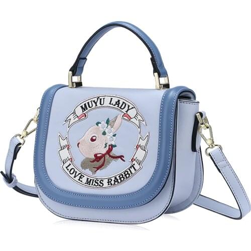 Women Leather Embroidery Handbags Girl Shoulder Bags Messenger Bag Female Totes Braccialini Style Art Cartoon Rabbit Ribbon