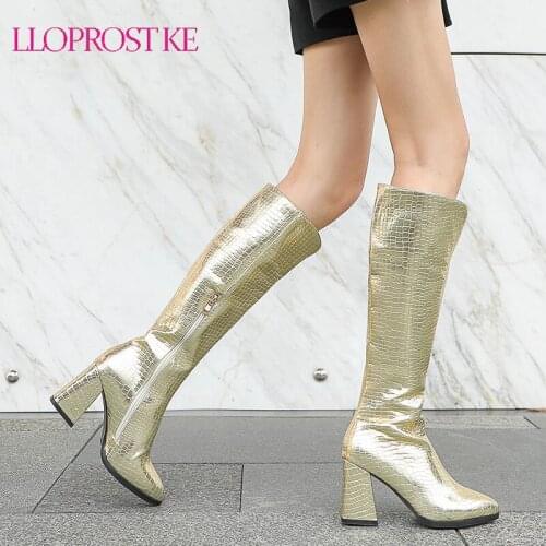 Lloprost ke Faux Leather Women Knee High Boots Pointed Toe Boots Women Long Chunky Block High Heel Boots Black Gold Green