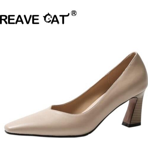 REAVE CAT 2021 New Genuine Leather Ladies Pumps Daily Dress Slip On Square Toe Spool Heel 7.5cm Size 34-40 Apricot Beige A4319