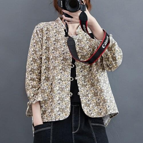 National Style Women Casual Floral Jackets Cardigan 2021 Autumn Stand Collar Retro Printed Cotton Female Outerwear Coats Button