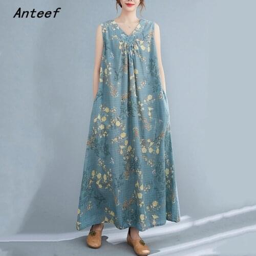 Sleeveless cotton linen vintage floral dresses for women casual loose long woman summer dress elegant clothes 2021 sundress