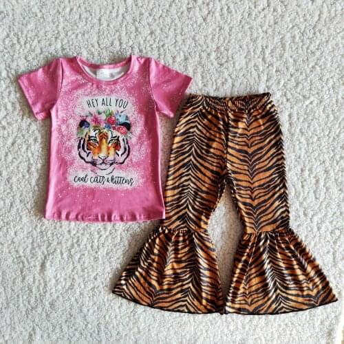 2021 Clothing sets Baby Girls Pink Tiger Printed short sleeves shirt bell bottom sets Children boutique Wholesale Free Shipping