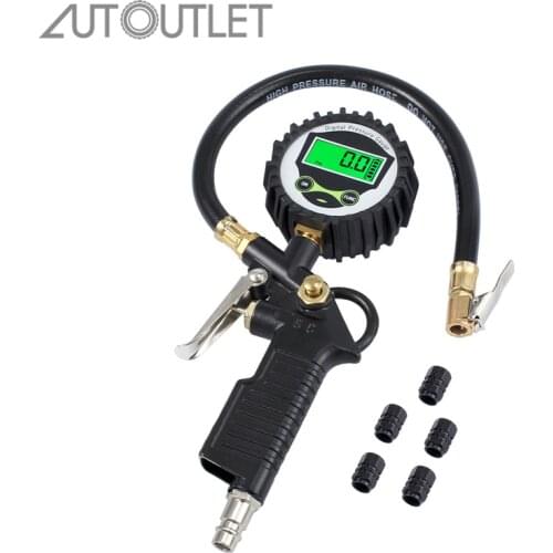 AUTOUTLE Digital Tyre Pressure Gauge 0-220psi 0-14bar 0-11400KPA With 5 Black Valve Caps Tyre Tire Air Pressure Inflator Gauge