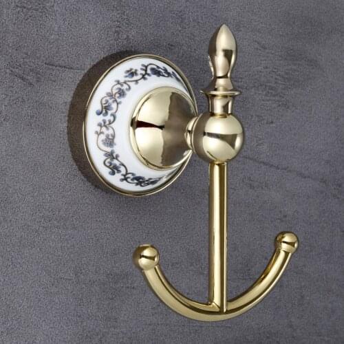 European Towel Hanging Bathroom Clothes Wall Hook Antique Solid Brass Coat Hook Ceramic Carved Wall Hanger Bathroom Accessories