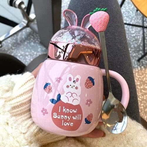 Korean Pink Rabbit Ceramic Water Cup with Cover Lovely Girl Heart Mark Cup Net Red Dream Flash Breakfast Cup