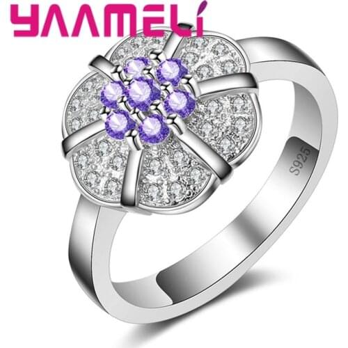 Ring Sweet Cute Style 925 Sterling Silver Plant Series Large Flower Shape Embellished With Multi-color Crystal Lady